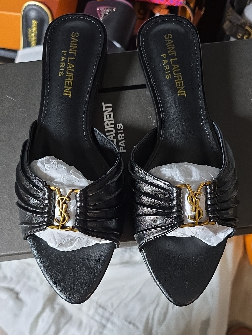 Saint Laurent Black Leather Slide Sandals with Gold YSL Hardware